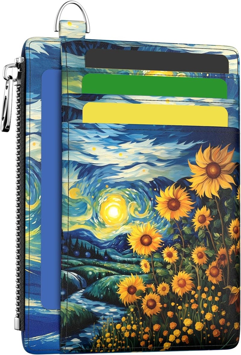 Hancynir Slim Wallet Women Credit Card Holder Sunflowers RFID Small Mini Card Case Front Pocket PU Leather Thin Travel Zipper Coin Cash ID Window Ladies Female Wallet Gifts - Image 1